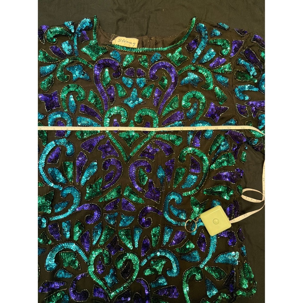 Stenay Vintage Silk Sequin Blouse Teal Purple Green Beaded Evening Top Large - Picture 5 of 5